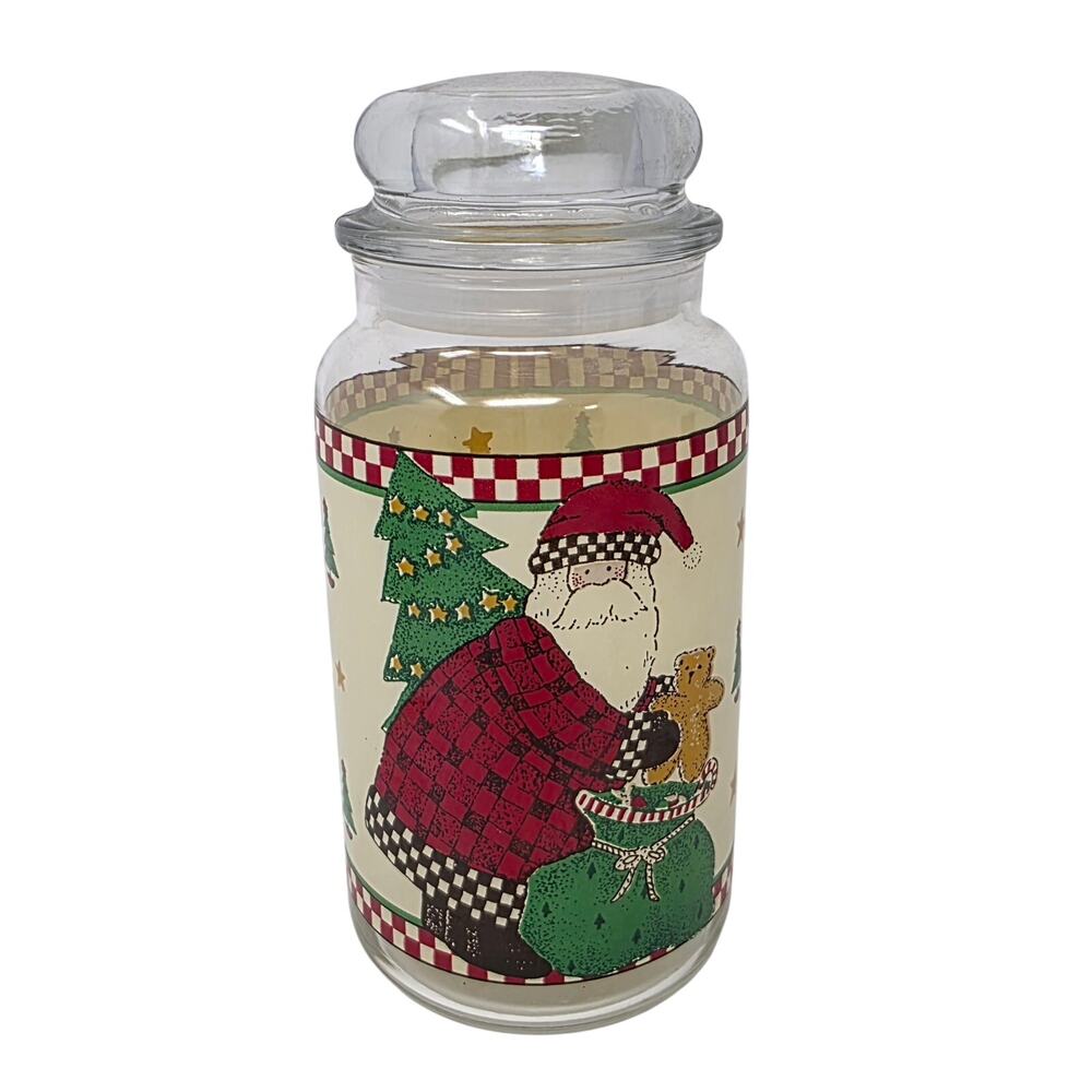 Vintage Debbie Mumm Christmas Glass Canister Santa Cookie Jar 1997